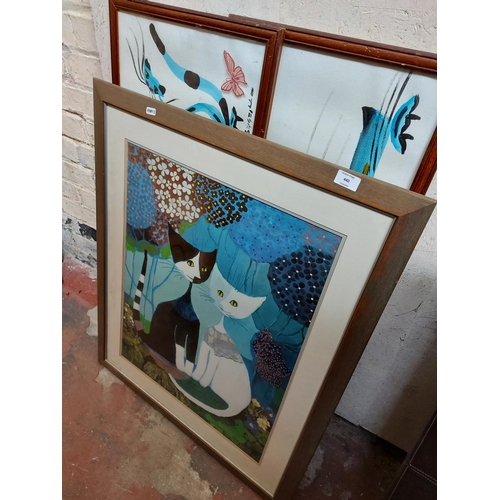 440 - Three various pictures to include two oriental cat watercolours and a framed cat print by Rosina Wac... 