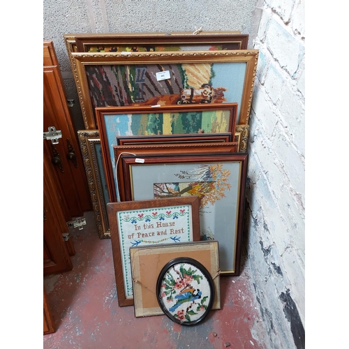 441 - A large quantity of framed pictures to include various needleworks, R. J. Hammond farming print 1883... 