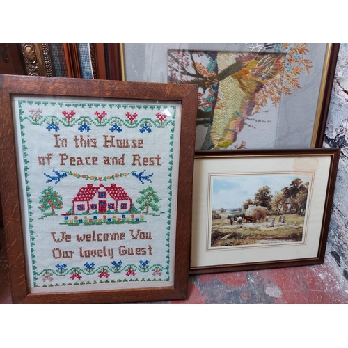 441 - A large quantity of framed pictures to include various needleworks, R. J. Hammond farming print 1883... 