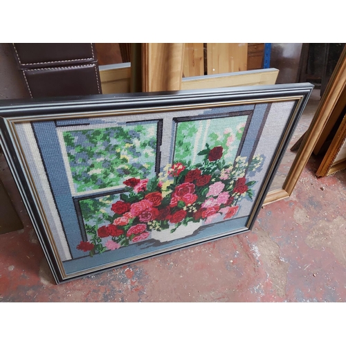 441 - A large quantity of framed pictures to include various needleworks, R. J. Hammond farming print 1883... 