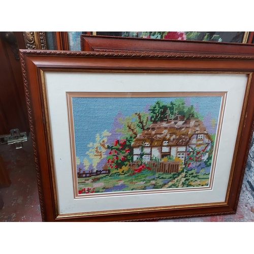 441 - A large quantity of framed pictures to include various needleworks, R. J. Hammond farming print 1883... 