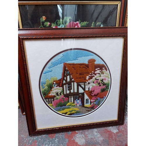 441 - A large quantity of framed pictures to include various needleworks, R. J. Hammond farming print 1883... 