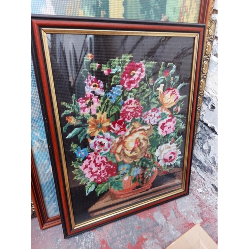 441 - A large quantity of framed pictures to include various needleworks, R. J. Hammond farming print 1883... 