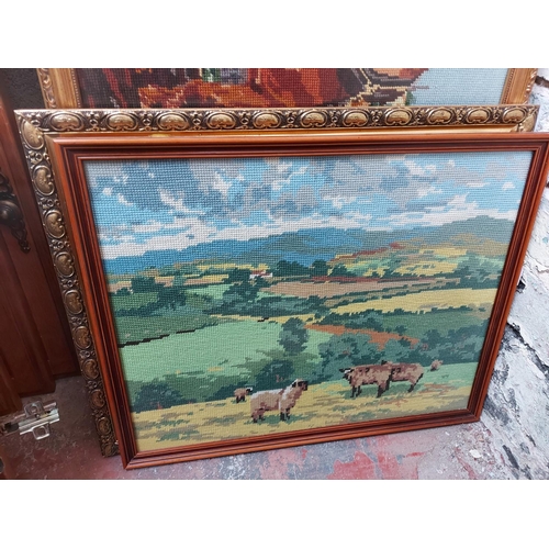 441 - A large quantity of framed pictures to include various needleworks, R. J. Hammond farming print 1883... 