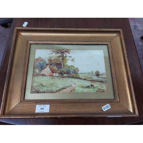 443 - A late 19th/early 20th century gilt framed watercolour of a farm and cottage scene signed J. Roberts... 