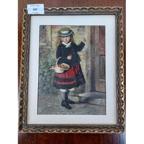 447 - A framed oil on canvas of a young girl with a basket of fruit signed bottom right F.P. Shuckard 1874... 