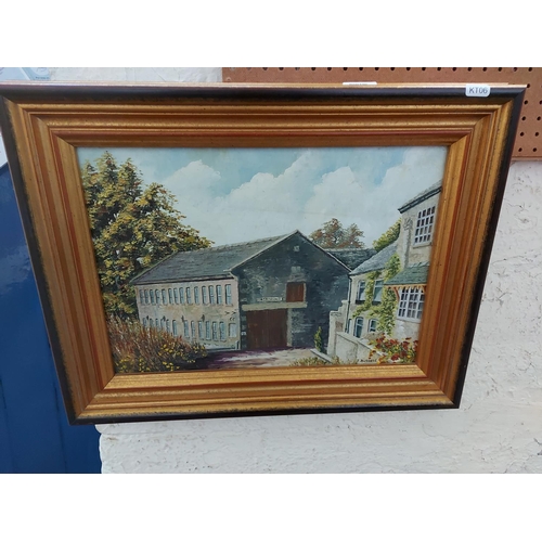 449 - A gilt framed oil on board titled 'Pool Bank Mill' by Jean Burgess 1983