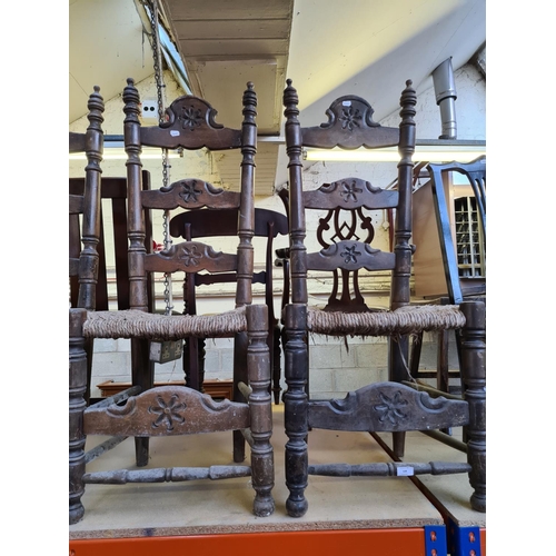 508 - Six Antique style oak ladder back farmhouse dining chairs with rush seats