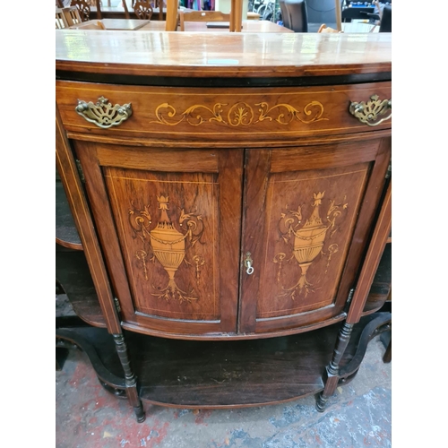 598 - An Edwardian inlaid rosewood chiffonier base/sideboard with two central doors, upper drawer, outer s... 