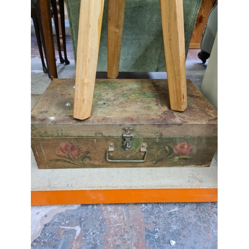 655 - Two items to include a beech tri-legged farmhouse style stool and a vintage green metal toolbox (see... 