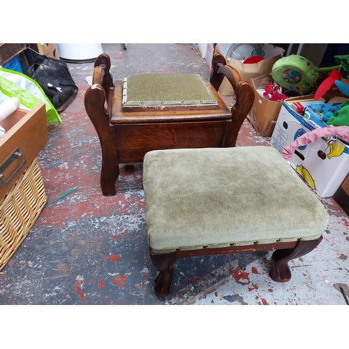 298 - A vintage oak piano stool with green upholstered seat and contents and a small mahogany framed foots... 