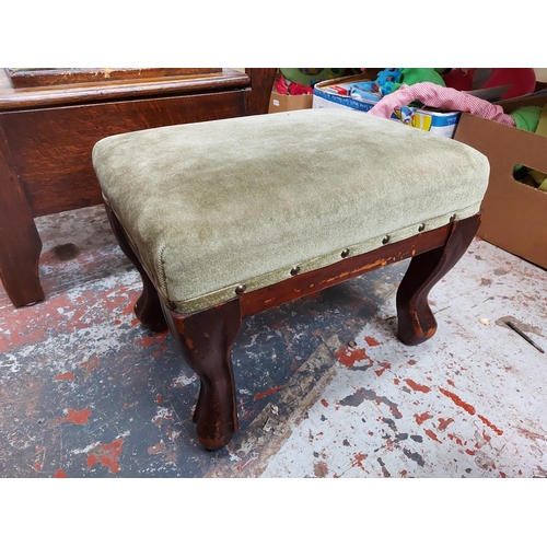 298 - A vintage oak piano stool with green upholstered seat and contents and a small mahogany framed foots... 