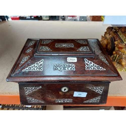 305 - A Victorian rosewood jewellery box with mother of pearl inlay and escutcheon - measuring approx. 27c... 