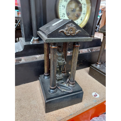 311 - An impressive Victorian slate and marble chiming mantel clock with off white enamel dial, brass beze... 