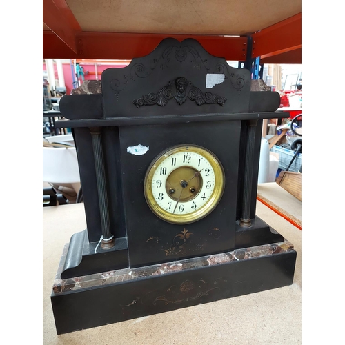 311 - An impressive Victorian slate and marble chiming mantel clock with off white enamel dial, brass beze... 