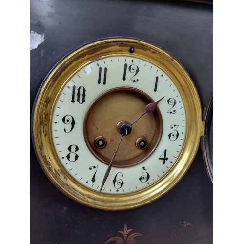 311 - An impressive Victorian slate and marble chiming mantel clock with off white enamel dial, brass beze... 