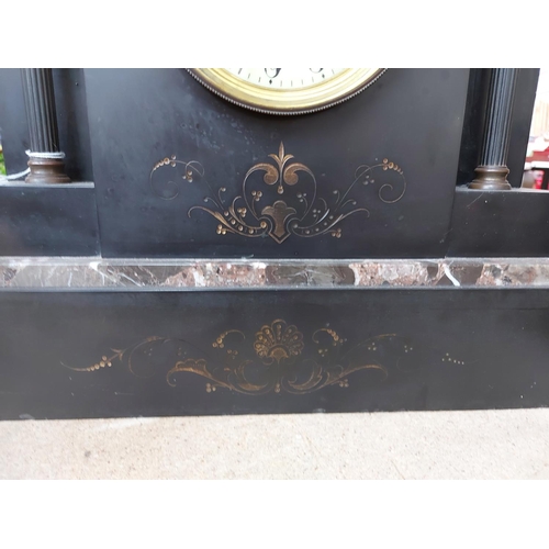 311 - An impressive Victorian slate and marble chiming mantel clock with off white enamel dial, brass beze... 