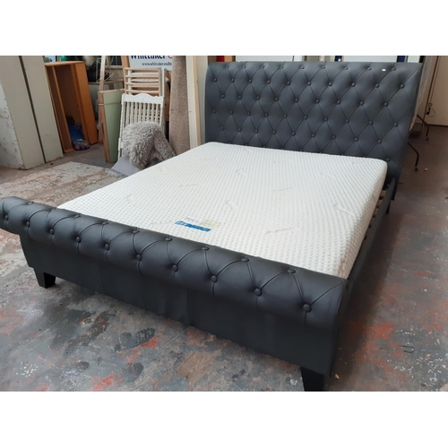 688 - A modern Chesterfield style black leatherette super king size sleigh bed with Dreams Eden Therapur m... 