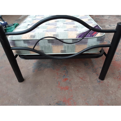 691 - A black metal single bed frame with Layezee mattress