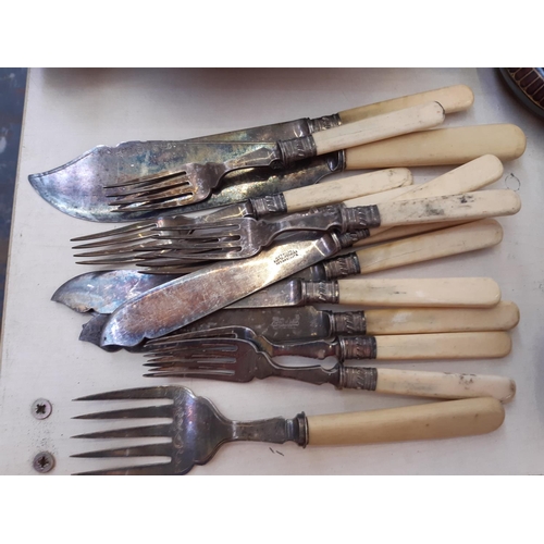 158 - A collection of mixed china and metalware to include a six place fish knife and fork set, an EPNS tr... 