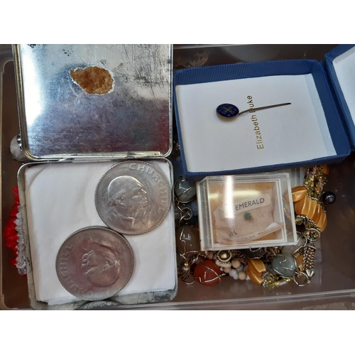 162 - A box of costume jewellery to include necklaces, brooches, cufflinks, boxed folding hand fan, Church... 