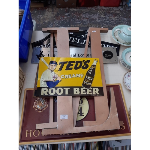 170 - A collection of modern signs to include a vintage style tin plated Ted's cream root beer sign, a tin... 