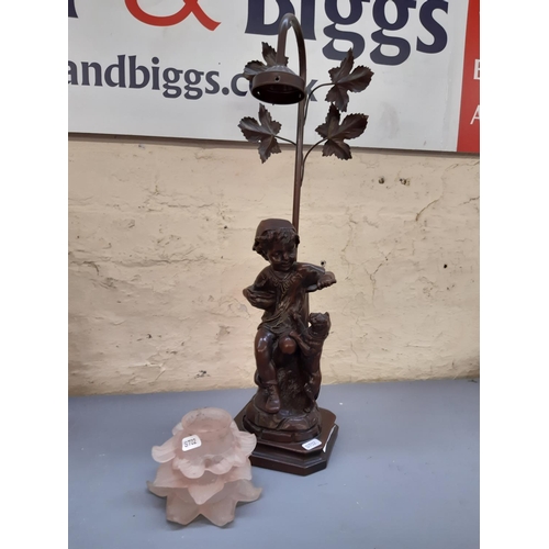 174 - An Art Nouveau style bronze effect figural table lamp with young girl feeding cat and pink floral gl... 