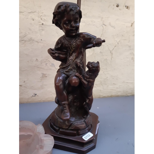 174 - An Art Nouveau style bronze effect figural table lamp with young girl feeding cat and pink floral gl... 