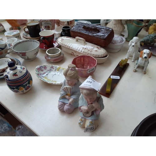 193 - A large collection of mixed china to include a pair of continental bisque figurines, 1930s Burleigh ... 