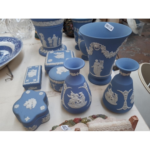 209 - Ten pieces of Wedgwood pale blue Jasperware together with six Lilliput Lane cottage ornaments and th... 