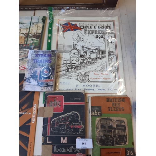 262 - A collection of railway memorabilia to include LMS locomotive book, British bus fleets book, magazin... 