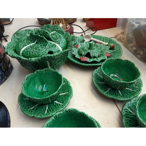 278 - A 14 piece Majolica style cabbage leaf pattern dessert set