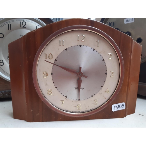 283 - Six various vintage mantel clocks to include a mahogany cased chiming Napoleon hat, teak and walnut ... 