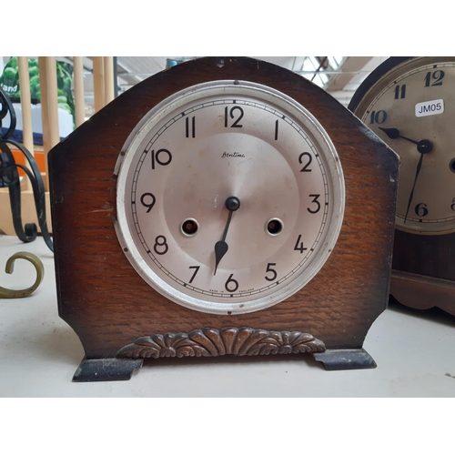 283 - Six various vintage mantel clocks to include a mahogany cased chiming Napoleon hat, teak and walnut ... 