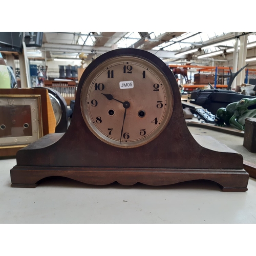 283 - Six various vintage mantel clocks to include a mahogany cased chiming Napoleon hat, teak and walnut ... 