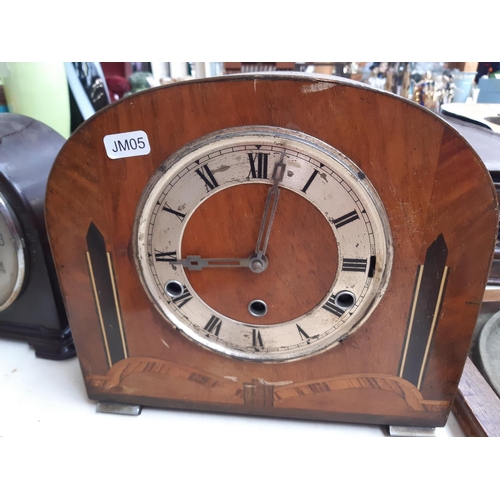 283 - Six various vintage mantel clocks to include a mahogany cased chiming Napoleon hat, teak and walnut ... 