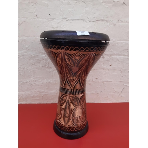 355 - A well detailed professional quality, tuneable, copper and brass Djembe hand drum - measuring approx... 