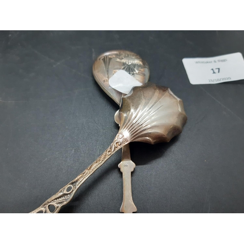 17 - Four spoons to include a hallmarked continental 900 grade silver spoon with rose petal top, a white ... 