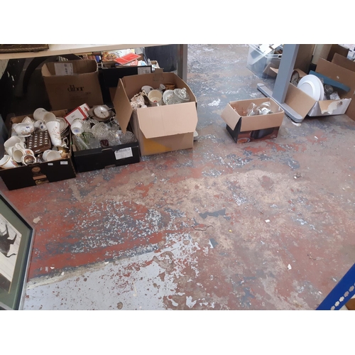 360 - Five boxes containing mixed items to include ceramics, glassware, two vintage Metamec mantle clocks ... 