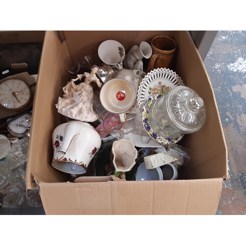 360 - Five boxes containing mixed items to include ceramics, glassware, two vintage Metamec mantle clocks ... 