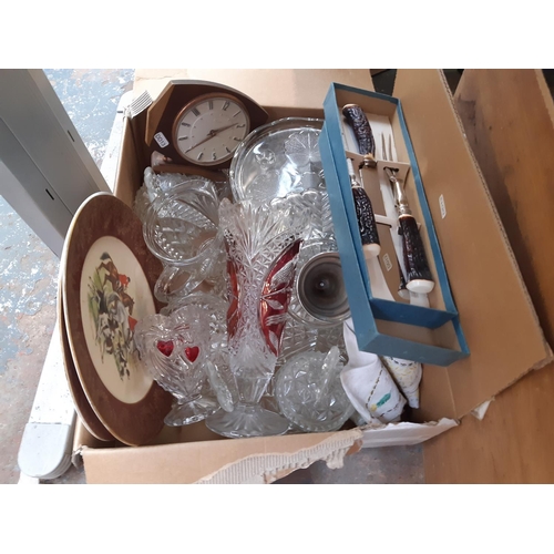 360 - Five boxes containing mixed items to include ceramics, glassware, two vintage Metamec mantle clocks ... 