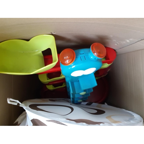 369 - Three boxes and three bags containing mixed items to include ceramics, planters, textiles, Eyelet cu... 