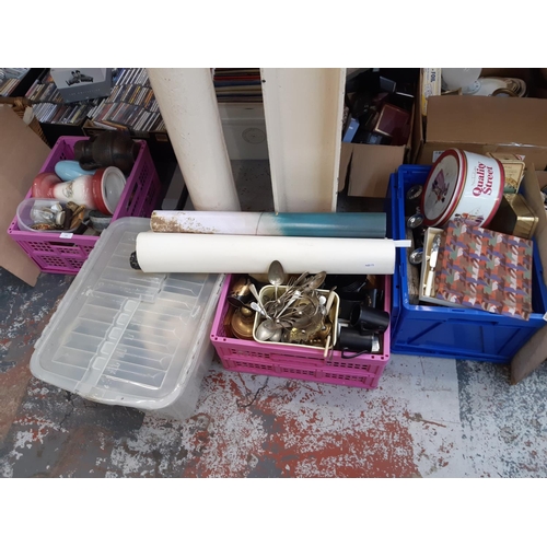 372 - Four boxes containing mixed items to include metalware, Portmeirion part coffee set, tins, posters e... 