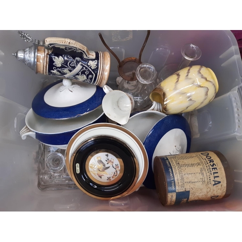 372 - Four boxes containing mixed items to include metalware, Portmeirion part coffee set, tins, posters e... 