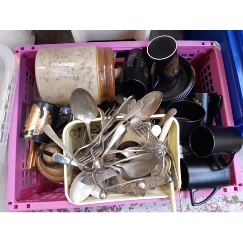 372 - Four boxes containing mixed items to include metalware, Portmeirion part coffee set, tins, posters e... 