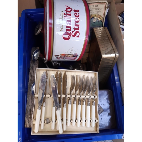 372 - Four boxes containing mixed items to include metalware, Portmeirion part coffee set, tins, posters e... 