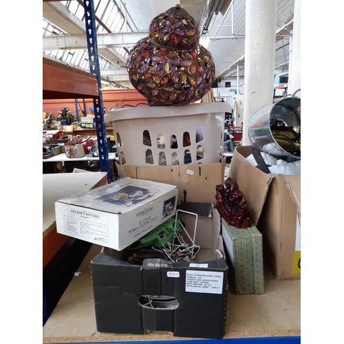 389 - Two boxes and a basket containing mixed items to include Technika docking station, Moroccan style ce... 