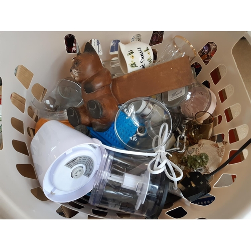 389 - Two boxes and a basket containing mixed items to include Technika docking station, Moroccan style ce... 