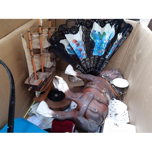 390 - Two boxes containing mixed items to include coins, ceramics, London Clock Co. quartz mantel clock, h... 