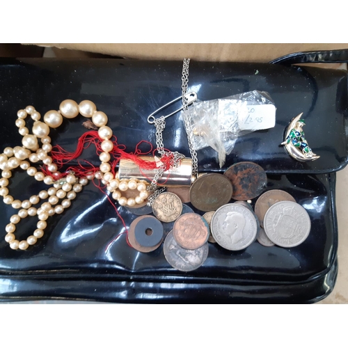 390 - Two boxes containing mixed items to include coins, ceramics, London Clock Co. quartz mantel clock, h... 